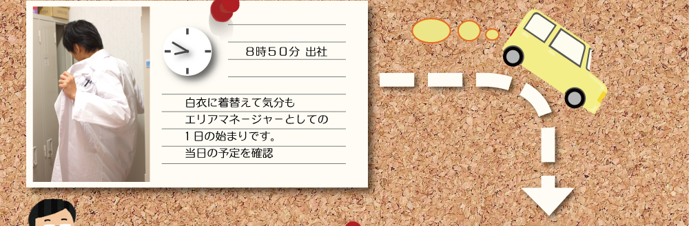 ８時５０分 出社 白衣に着替えて気分もエリアマネージャーとしての一日の始まりです。当日の予定を確認。