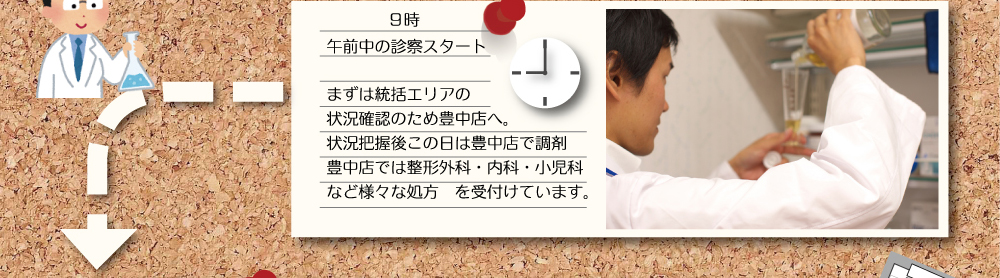 ９時 午前中の診察スタート まずは統括エリアの状況確認のため豊中店へ。状況把握後この日は豊中店で調剤。豊中店では整形外科・内科・小児科など様々な処方を受付けています。