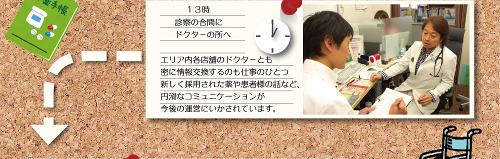 １３時 診察の合間にドクターの所へ エリア内各店舗のドクターとも密に情報交換するのも仕事のひとつ。新しく採用された薬や患者様の話など、円滑なコミュニケーションが今後の運営にいかされています。